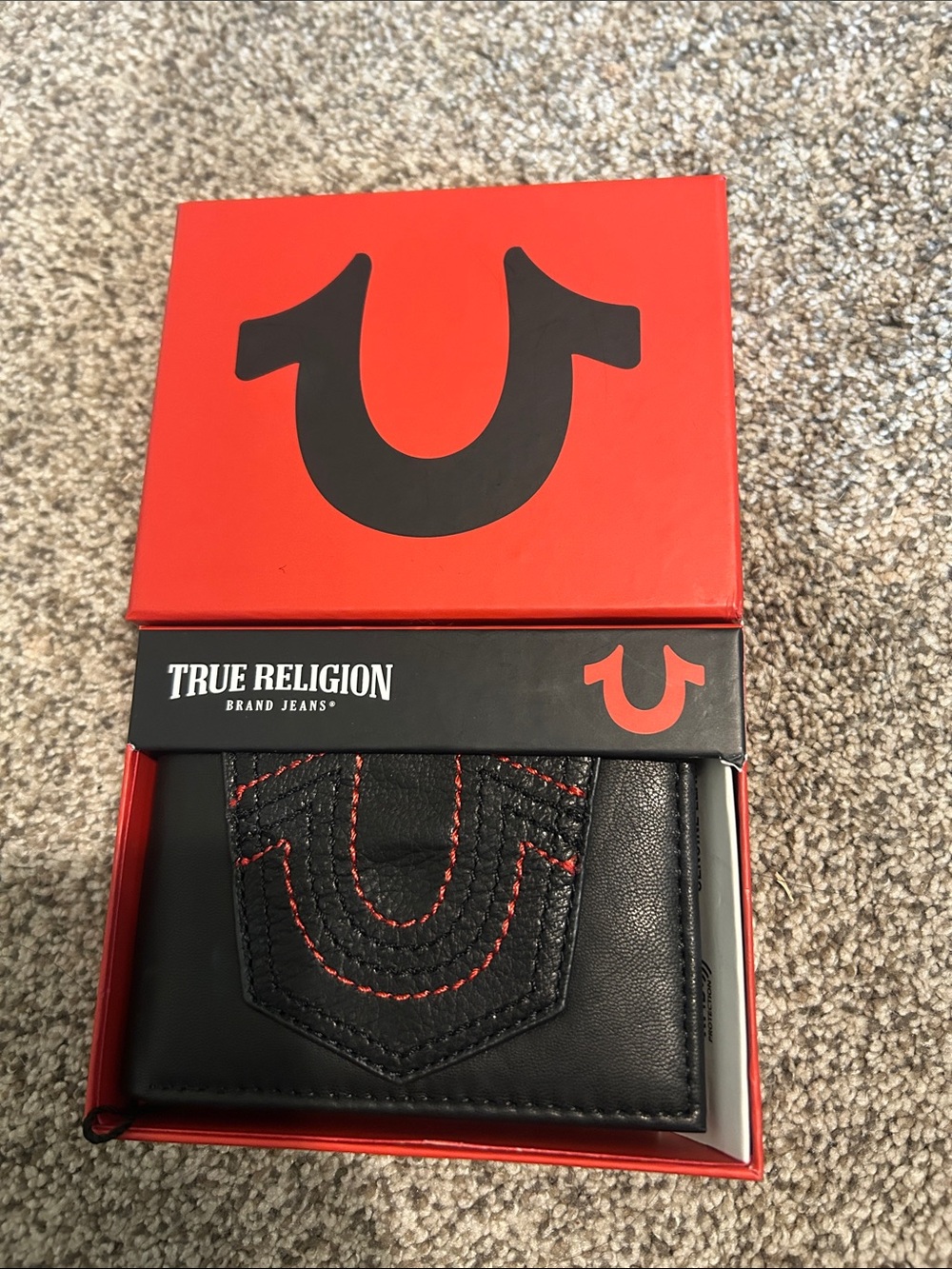 True Religion Black Leather Wallet with Red Stitching